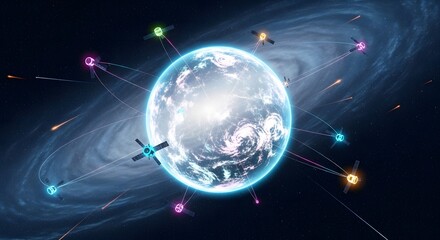 Obraz premium Satellites orbiting a glowing planet in a spiral galaxy