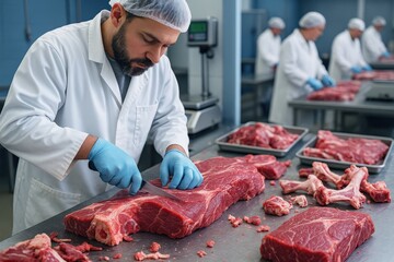 Skilled butcher meticulously trims fresh beef with precision knife, preparing raw red meat cuts in a clean hygienic processing facility for market