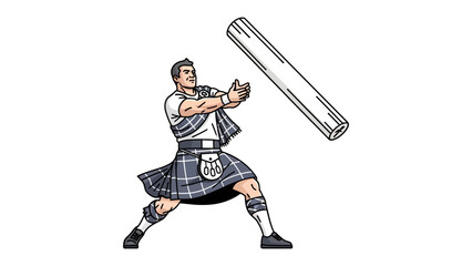 Tossing the Caber: A lone athlete, clad in traditional attire, demonstrates the powerful athletic feat of tossing a heavy caber, against a background of heritage and strength.