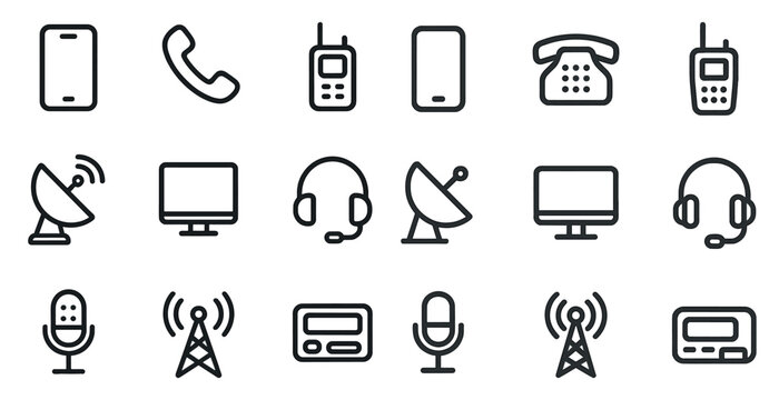 Communication devices icons set in line style – technology, gadgets, network symbols