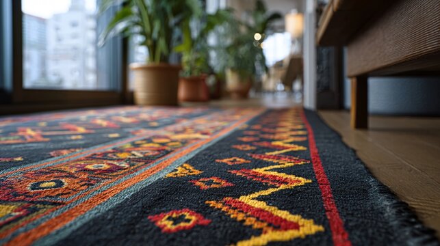 Turkish kilim rug in a sleek Tokyo apartment, clean minimal layout