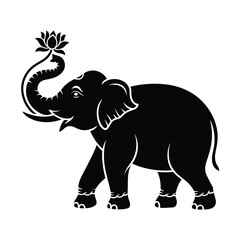 Obraz premium Striking black silhouette illustration of an elephant holding a lotus flower vector art silhouette vector illustration white background