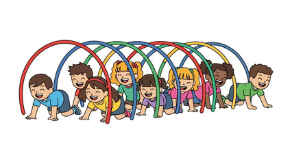Joyful Crawl Through the Rainbow Arches: a diverse group of children engaging in playful exploration and interaction under a series of brightly colored arches.