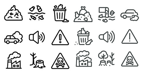 Naklejka premium Pollution and environment outline icons set – silhouette, waste, eco-friendly symbols