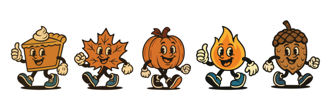 Cute autumn retro cartoon mascot characters walking together, vintage thanksgiving illustration with pumpkin pie and leaf