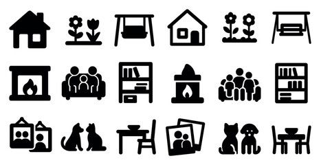 Home and family solid icons set – filled, silhouette, domestic life symbols