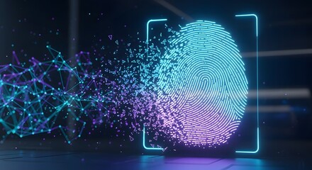 Digital fingerprint dissolving into abstract network, concept of data security