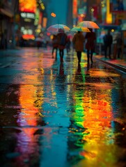 A rainy urban street scene at dusk featuring colorful reflections and blurred figures holding umbrellas