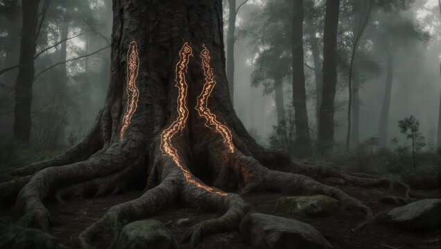 Glowing, abstract tree trunk with root system in a misty forest setting