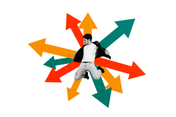 Creative photo collage young ambitious man jump direction arrows achieve goal aim target career promotion success drawing background