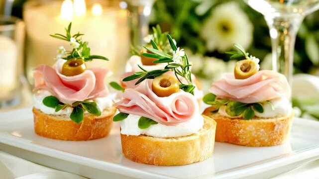 Halloween food canapes with ham, cheese, and olive on bread. Holiday party appetizers for elegant celebration. Samhain