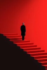 A figure ascends a bright staircase against a red backdrop, hinting at ambition, progress, and the pursuit of elevated goals. Strategic challenge.