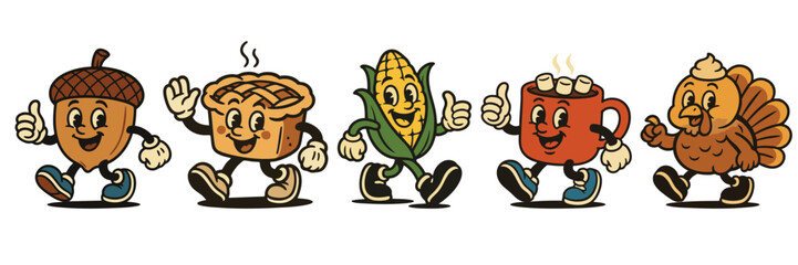 Cute autumn retro cartoon mascot characters walking together, vintage thanksgiving illustration with pie, hot chocolate and turkey