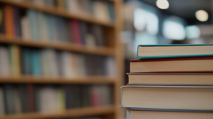 Stack of books in library. Knowledge, learning, and education. Exploring the world through reading, novels, stories and school.