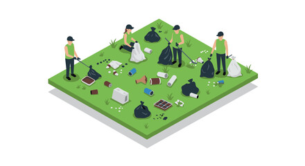 Isometric cleanup crew collecting trash in park