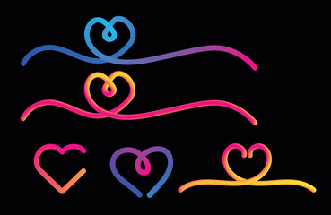 Vibrant neon heart designs with flowing lines on a dark background for romantic or festive themes