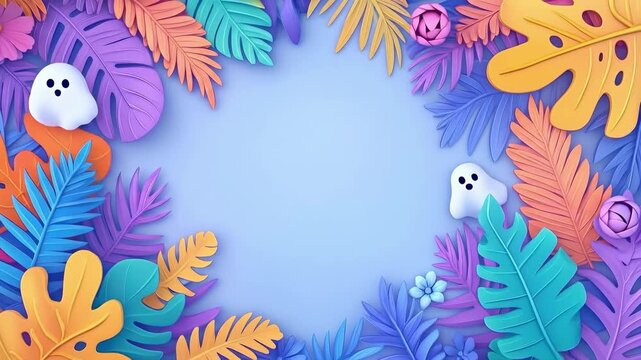 Cartoon ghost and vibrant tropical leaves. Halloween border frame on white background. Holiday template for invitation card. Samhain