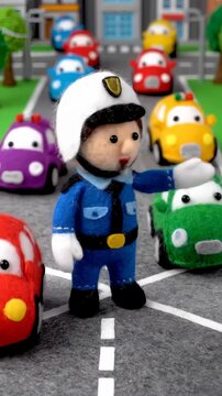 Toy Traffic Policeman Directing Traffic of Toy Cars on a Toy Street