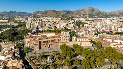 Obraz premium Aerial view of the Palazzo dei Normanni, also known as Royal Palace. It is located in the historic center of Palermo, Sicily, Italy. It is one of the city's most visited monuments and a Heritage Site.