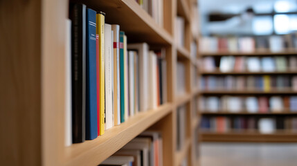 Bookshelves: A blurred view of books lined up on shelves, creating a library or study environment. Knowledge and learning resources.