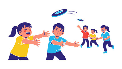 Playful Toss: a group of children enjoys an outdoor activity throwing a flying disc to each other, embodies joy, coordination, and summer fun.