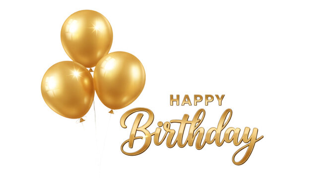 Golden happy birthday balloons isolated on transparent background
