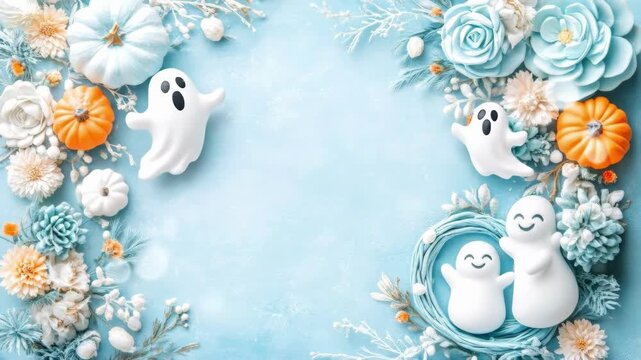 Halloween ghosts and pumpkins with flowers on light blue background. Spooky season happy celebration for holiday card. Samhain