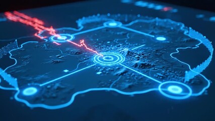 Futuristic digital map showcases glowing blue lines and intricate designs, highlighting advanced technology and data visualization within abstract network of connectivity and illuminated landscapes - Powered by Adobe
