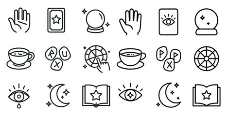 Fortune telling outline icons set – tarot, astrology, mystical symbols