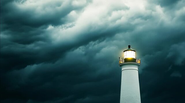 A tall white lighthouse illuminates a dark, dramatic, and stormy cloud-filled sky