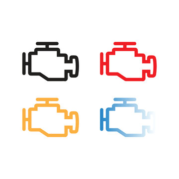 Set of check engine light icons. Car dashboard warning symbols in black, red, orange, and blue.