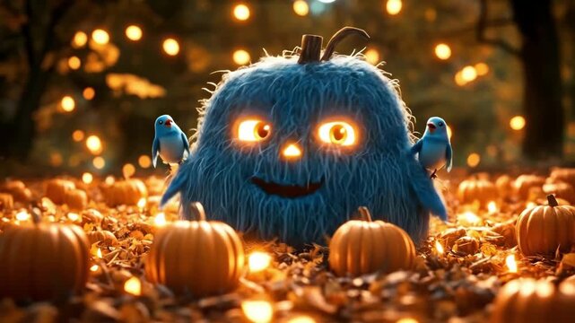 Cute furry blue monster pumpkin with glowing eyes on a patch of autumn leaves and small pumpkins in a forest. Halloween holiday. Samhain
