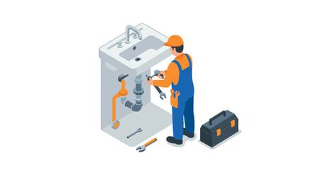 Naklejka premium Plumber fixing kitchen sink with tools in isometric style