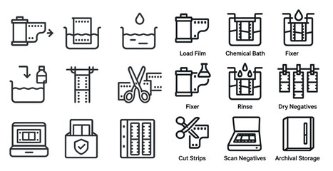 Film development linear icons set &ndash; outline, analog photography, darkroom symbols