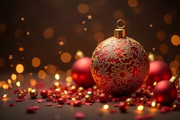 Fototapeta premium stylized illuminated Invitation Gold New Year card design with christmas ball and christmas