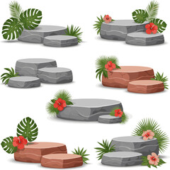 Create a kinds of deferent podium with stone, tropical plant on summer concept for product display. vector art with white background.