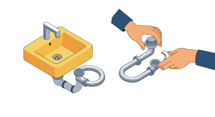 Isometric sink and plumbing assembly with hands adjusting pipes