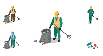 Fototapeta premium Isometric workers in safety gear collecting trash with litter pickers