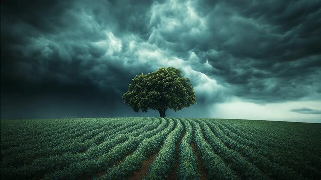 A lone tree stands in a green field under a dramatic, stormy sky with lightning