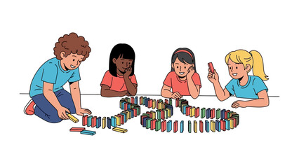 Domino Effect of Teamwork: A vibrant illustration of diverse children collaboratively building and experiencing the satisfying cascade of a domino chain, celebrating teamwork.