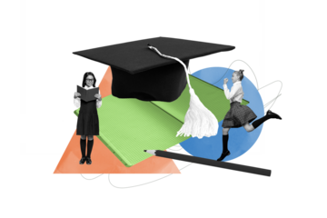 Collage 3d image retro sketch of funny girls study school day shopping kids education concept magazine billboard comics zine minimal