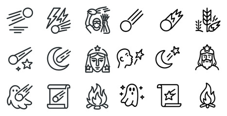 Astronomy and mythology outline icons set – celestial, cosmic, mythical symbols