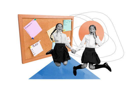 Collage image retro sketch of funny girls jump have fun school day shopping kids education concept magazine billboard comics zine minimal