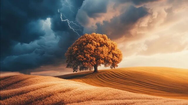 A lone golden tree stands on a rolling hill under a dramatic stormy sky