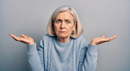 Confused middle-aged woman gesturing uncertainty in casual sweater