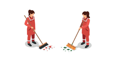 Fototapeta premium Isometric women sweeping with brooms on white background