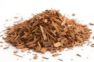 Close-up pile of natural cedar wood chips mulch on a white background