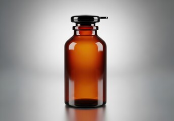 A dark amber glass bottle with a black pump dispenser, set against a gradient gray background
