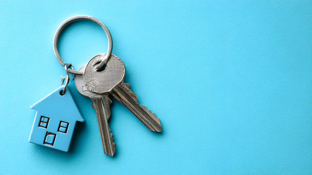 Keys with a charming house keychain represent homeownership, security, and the exciting prospect of moving into a new residence.