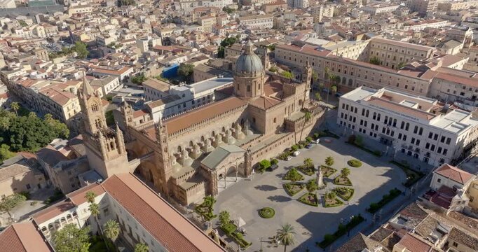 Aerial view of Palermo Cathedral. It is the cathedral church of the Roman Catholic Archdiocese of Palermo, located in Sicily, southern Italy. It is dedicated to the Assumption of the Virgin Mary.